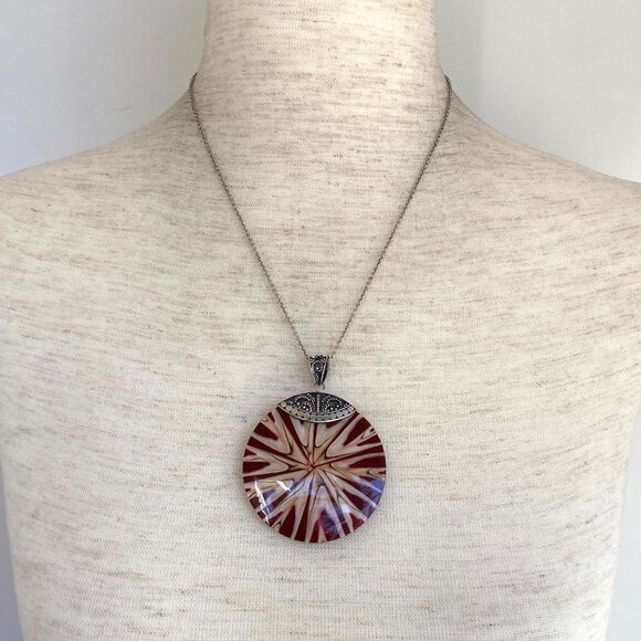 Sterling Silver 925 Signed Meran Indonesia 2.5" Resin Pendant Necklace 18" Chain - Picture 2 of 16